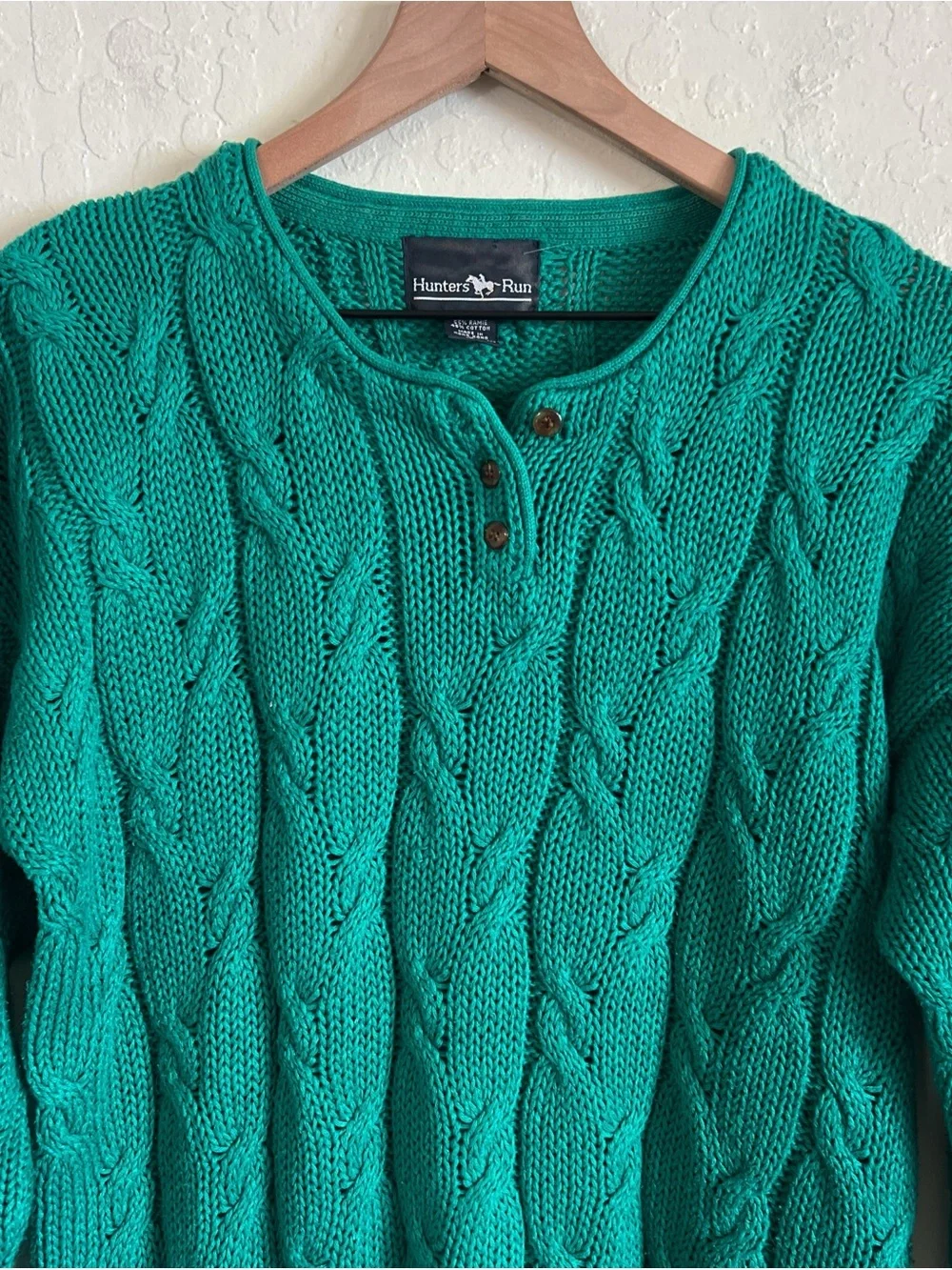 Vintage 90s Hunters Run Cable Knit Henley Sweater Small Kelly Green Old Money